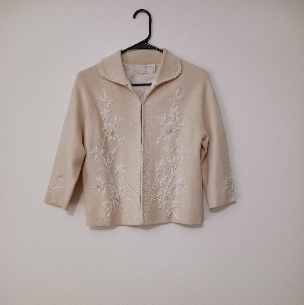 Vintage Cream Wool Beaded Women's Jacket